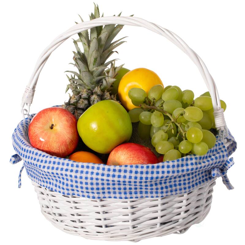 Traditional White Round Willow Gift Basket with Gingham Liner and Sturdy Foldable Handles, Food Snacks Storage Basket - Blue - Medium