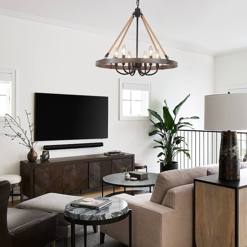 6 - Light Rustic Farmhouse Wagon Wheel Candle Style Chandelier for Living Room Bedroom Dinging Room