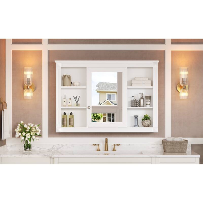 Roomfitters 42 Inch Wall Mounted Medicine Cabinet, Mirror Storage with 6 Open Shelves & Adjustable Interior Shelf, White