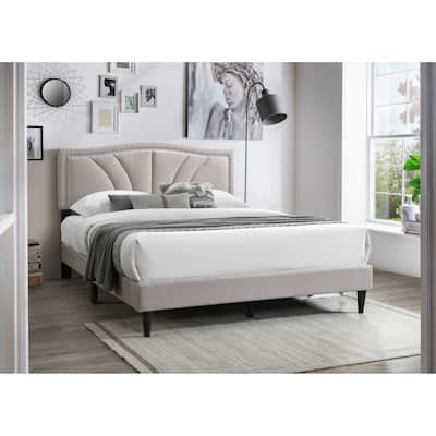 Modern Vintage 1pc Queen Size Bed Light Brown Burlap Fabric Nailhead Trim Accents Headboard Bedframe
