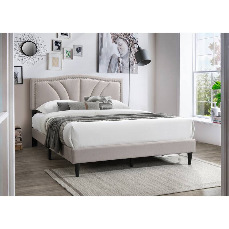 Queen Size Light Brown Burlap Fabric Platform Bed with Nailhead Trim Headboard - Light Brown