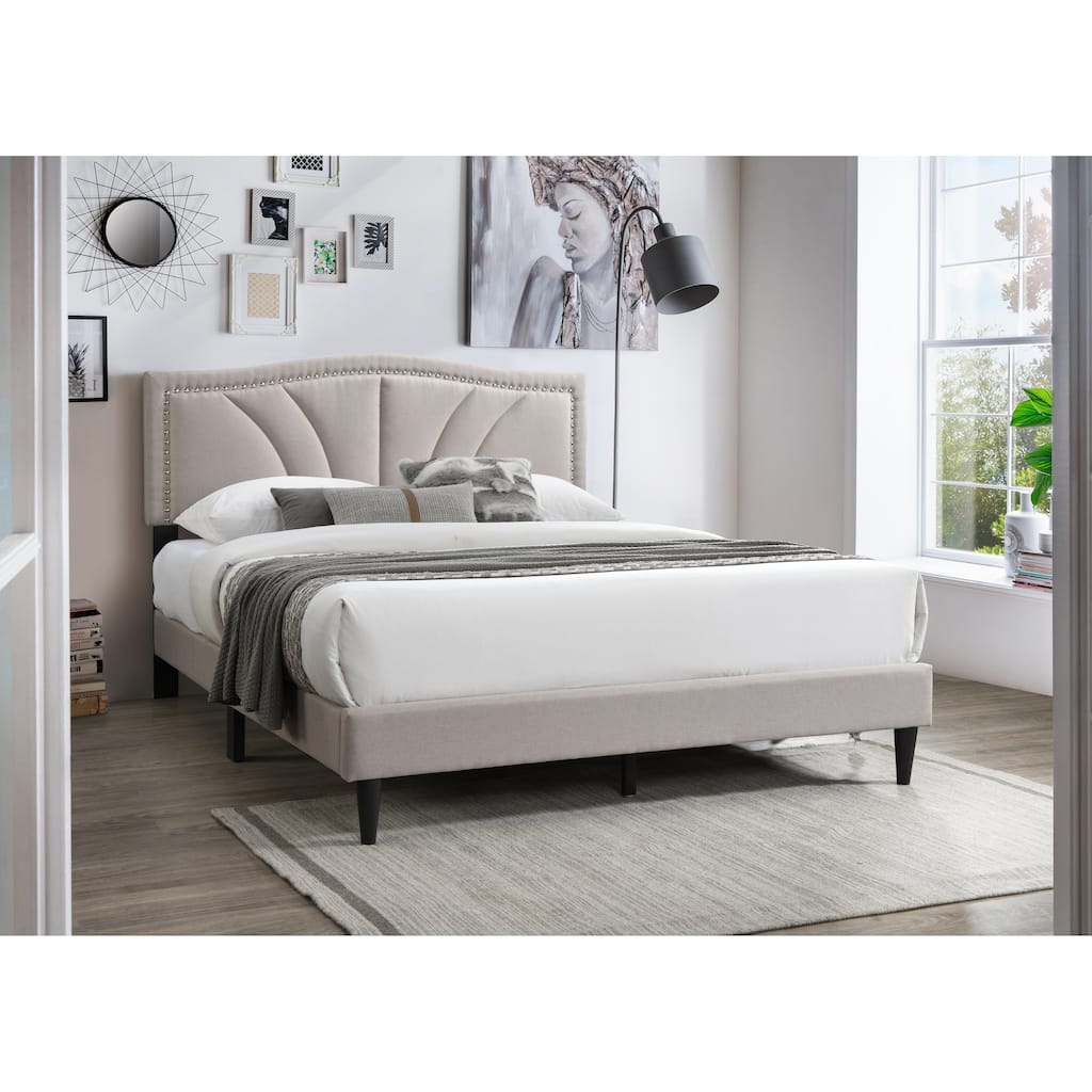 Queen Size Light Brown Burlap Fabric Platform Bed with Nailhead Trim Headboard