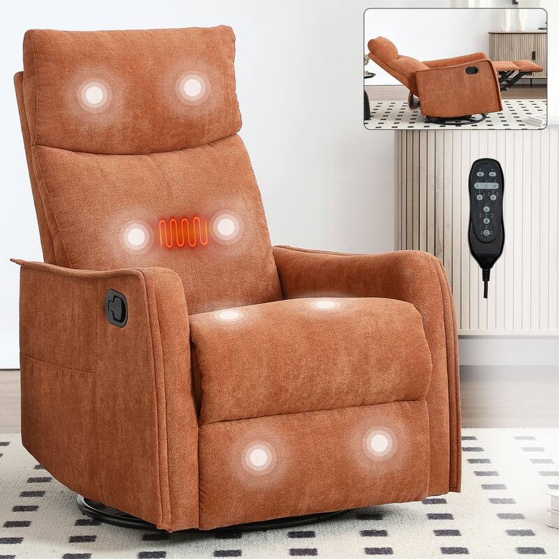 Heat Massage Manual Recliner Chair with Rocker and Swivel in Fabric for Living Room - Orange