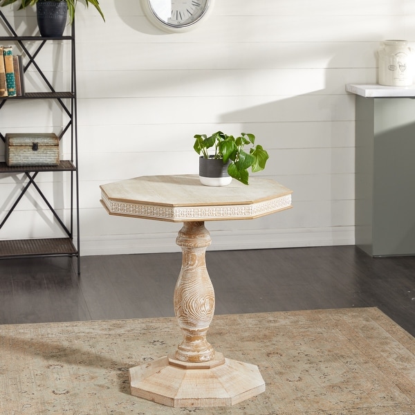 Brown Wood Handmade Intricately Carved Floral Accent Table 28 x