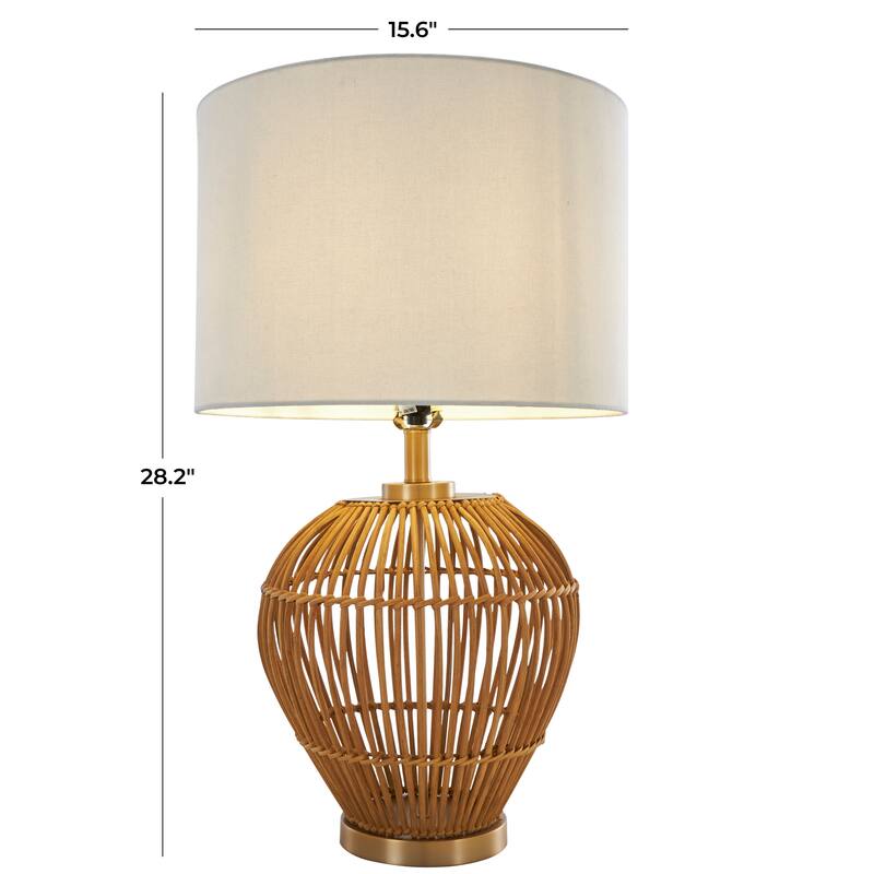 Brown Rattan Handmade Woven Open Frame Room Table Lamp with Gold Accents