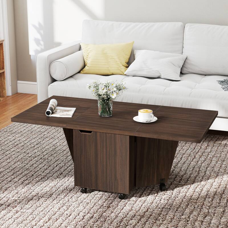 Folding Coffee Table with Storage Cabinet Expandable Living Room Table on Wheels with Quick Folding Top - 48" x 24" x 18"
