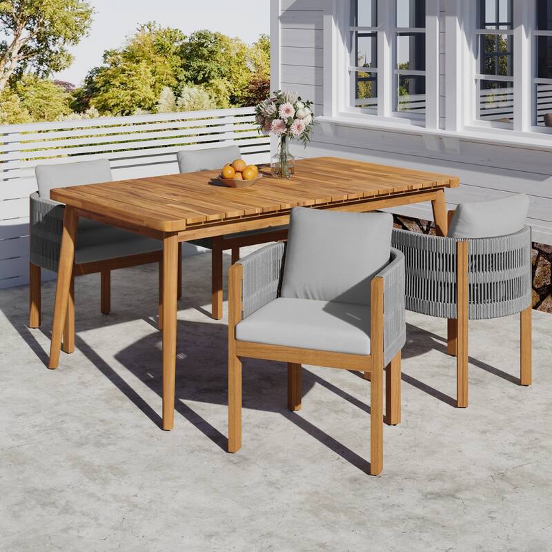 Roomfitters 5-Piece Outdoor Dining Set, Acacia Wood Patio Table and 4 Rope Woven Armchairs with Cushions