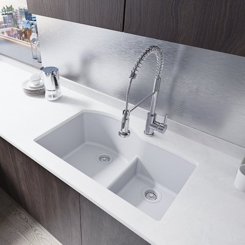 Double Offset Bowl Low Divide Undermount Granite Quartz Sink. Two Grids, and Two Matching Colored Strainers
