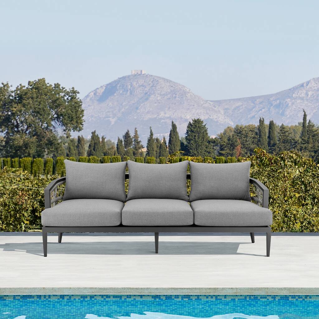 Zella Outdoor Patio Sofa in Aluminum with Light Gray Rope and Earl Gray Cushions