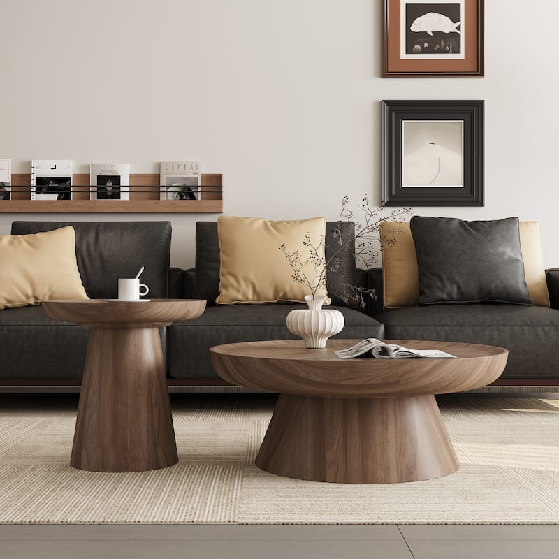 Round Walnut Nesting Coffee Tables 2-Piece Set - Modern Living Room Wooden Accent Tables, Stackable & Separable