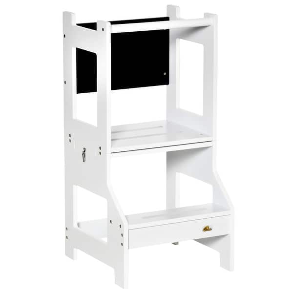 slide 2 of 5, Kids Kitchen Step Stool, 2 in 1 Kitchen Table Set Toddler Standing Tower with Chalkboard, Safety Rail - White White