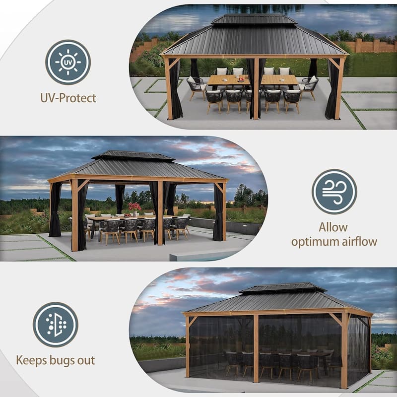 PURPLE LEAF Hardtop Gazebo Galvanized Steel Roof Gazebo Pergola Wooden Coated Alumninum Frame Wiht Mosquito Net and Light