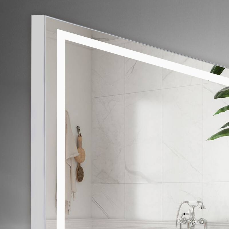 Anti-Fog LED Bathroom Mirror - Modern Straight-Edged, 3 Color Dimmable, Wall Mount - Silver