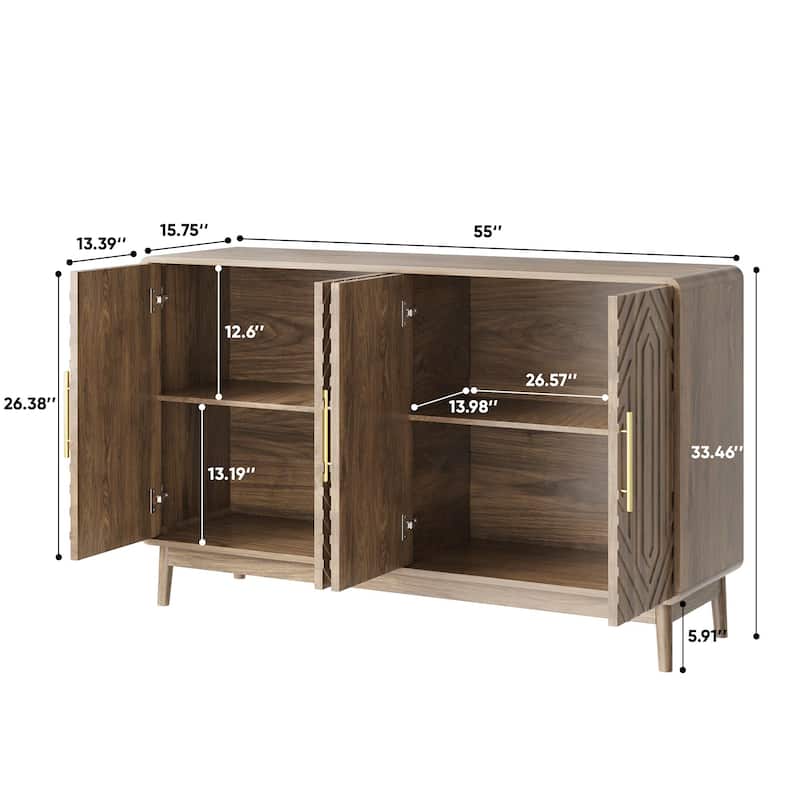 Modern Walnut Sideboard Buffet Cabinet with Carved 4 Doors and Adjustable Shelves, 55" Accent Storage Console
