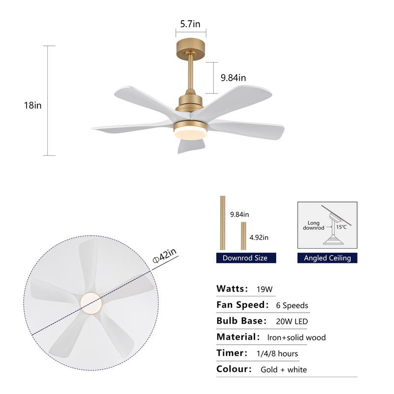 42" Ceiling Fan w/ Dimmable LED Light Remote Control Reversible DC Motor