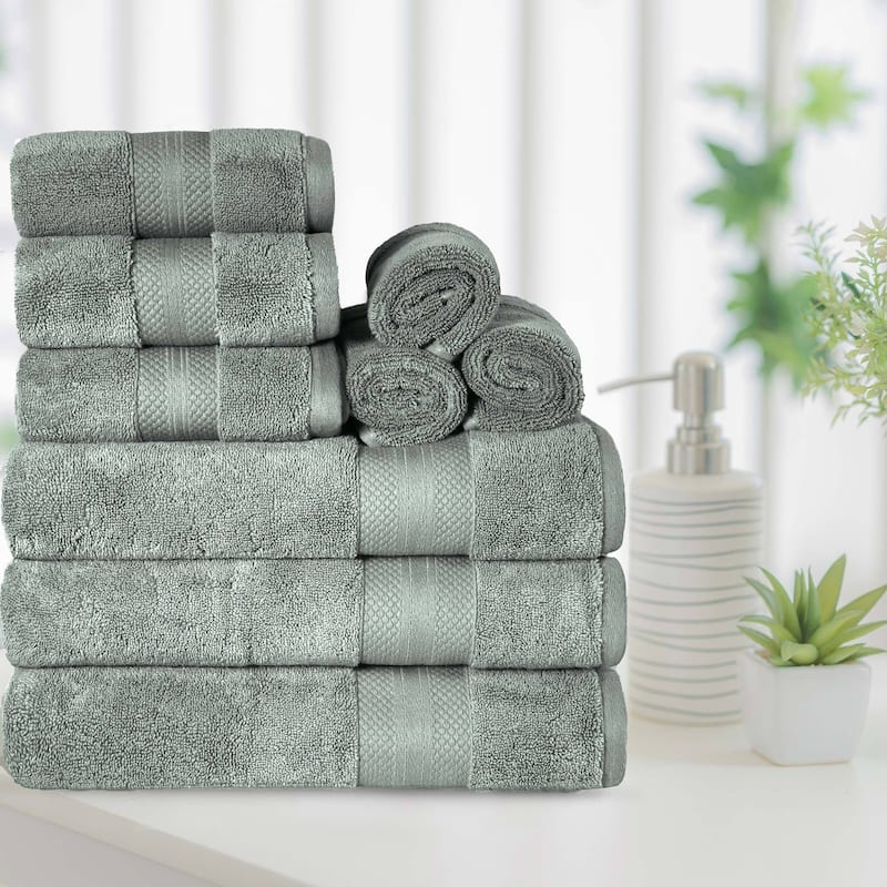 Superior Turkish Cotton 9 Piece Solid Plush Heavyweight Towel Set - Olive Green