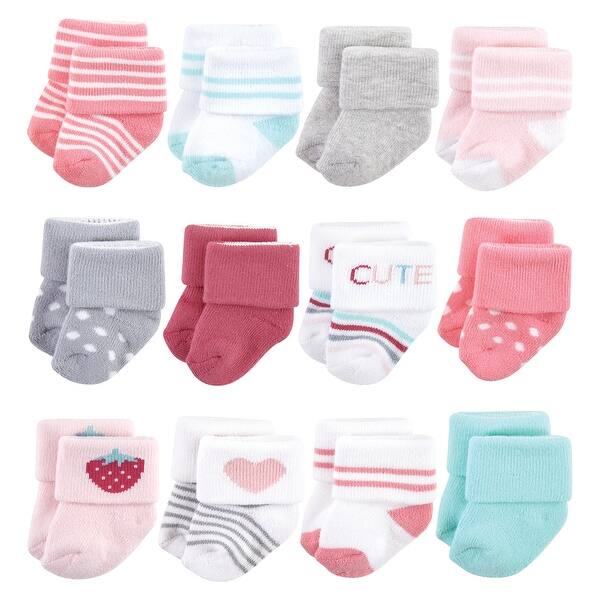 slide 1 of 1, Hudson Baby Infant Girl Cotton Rich Newborn and Terry Socks, Strawberry 12Pk Strawberry 12-Pack - 6-12 Months