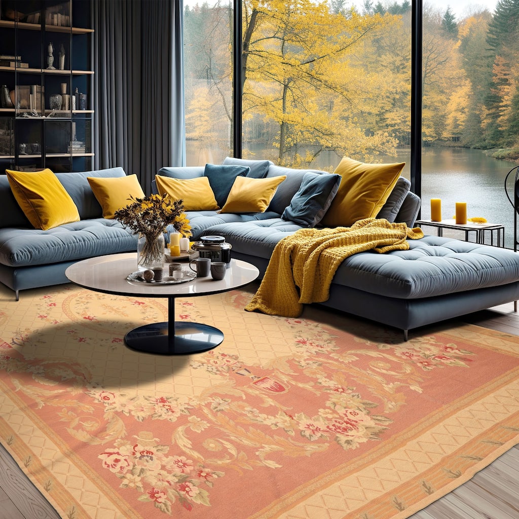 8'3''x10'9'' Hand Woven Flatweave Wool Light Gold French Aubusson Needlepoint Rug - 8' 3'' x 10' 9''