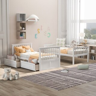 Twin over Twin Bunk Bed with Drawers, Convertible Beds,White