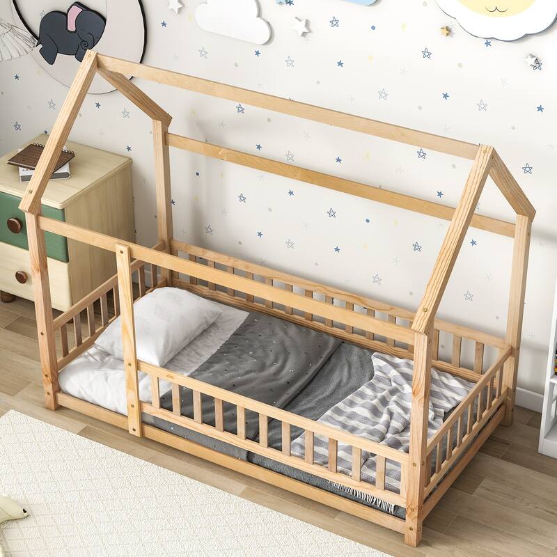 House Floor Bed for Kids, Wooden Montessori Bed Frame with Fence
