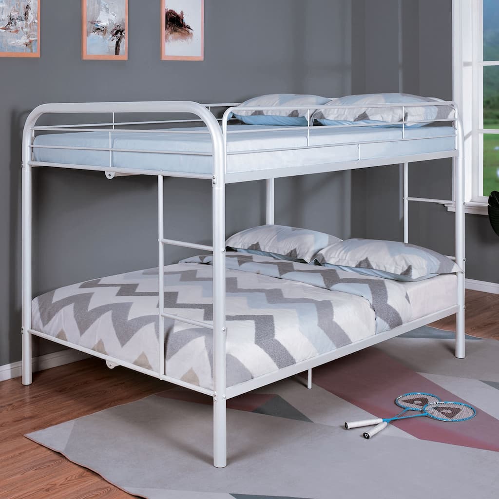 Full Over Full Metal Bunk Bed with Angled Ladder, White, Contemporary Style