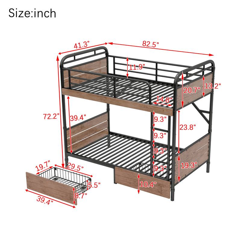 Detachable Twin XL Metal Bunk Bed with LED Lights, Charge Station, and Storage Drawers