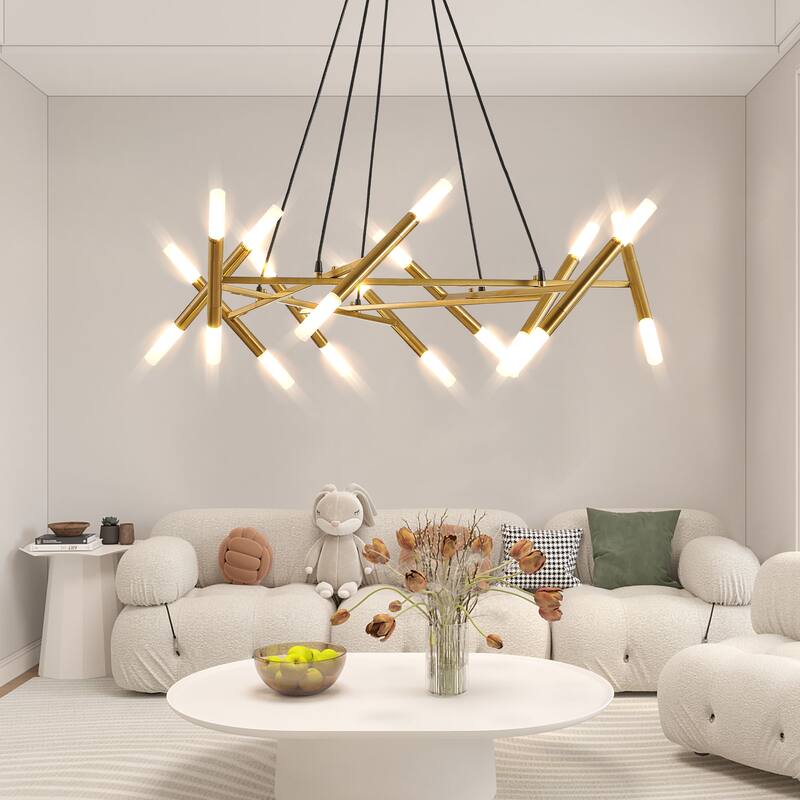 41" Chandelier Light Fixture, Branch Design with Frosted Tubes, Adjustable Height Pendant for Dining Room, Living Room - Gold