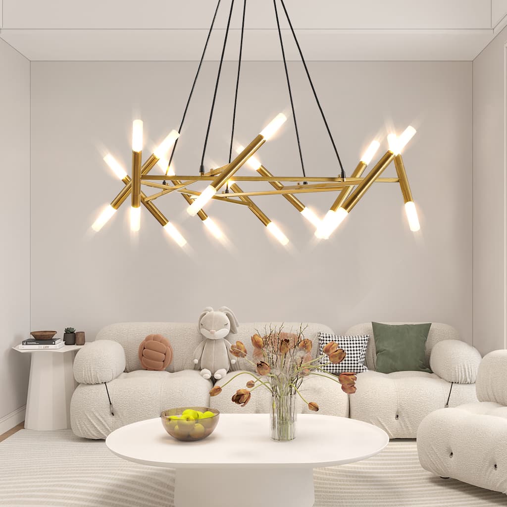 Modern Golden Chandelier with Frosted Tubes, Black Cords, for Dining Room, Living Room and Kitchen Island, Bulb Not Included