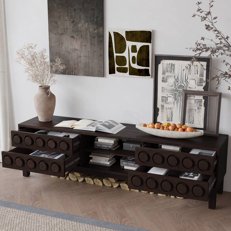 Modern Mid-Century TV Stand, for TVs Up to 75" with 4 Drawers and Cable Management, for Living Room and Office, Dark Brown