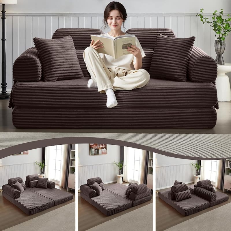 Convertible Sleeper Sofa Bed, 78.5" Corduroy Foldable Loveseat Sofa, King Size Floor Mattress Couch, No Assembly Required - Brown
