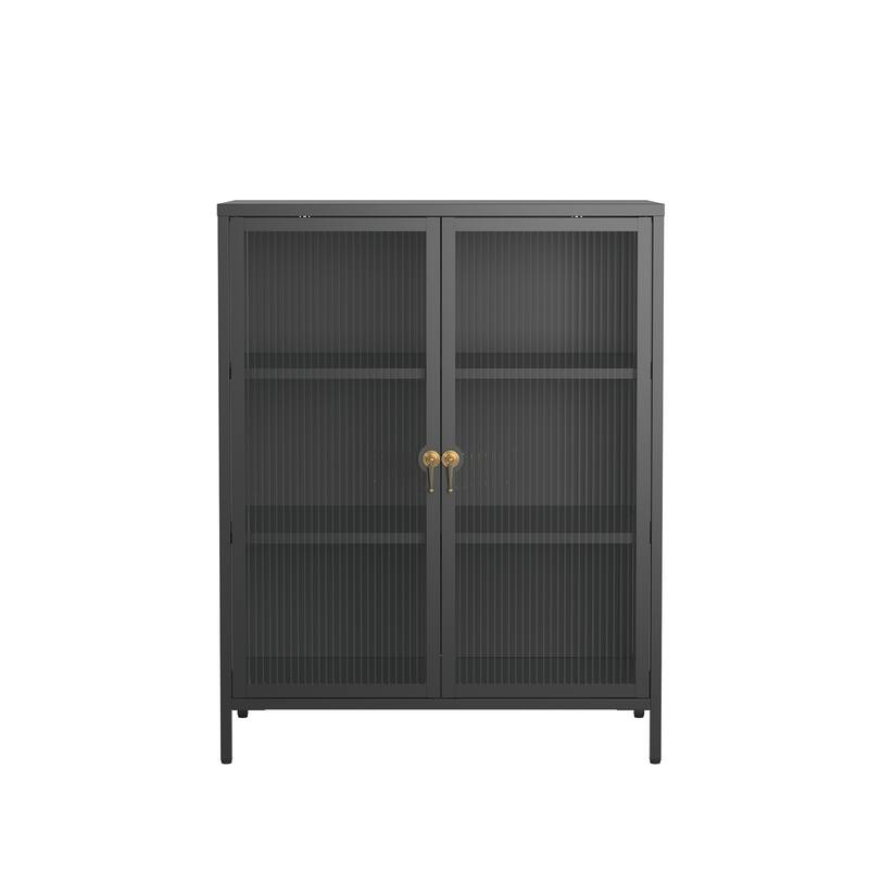 Benoite 40.04-inch Black Two Door Metal Storage Cabinet with Fluted Clear Doors and Gold Handles - 40.04