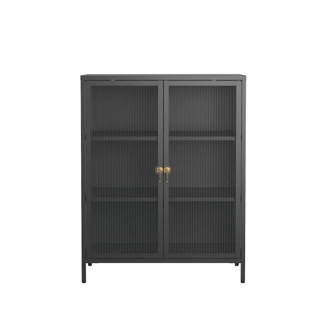 Benoite 40.04-inch Black Two Door Metal Storage Cabinet with Fluted Clear Doors and Gold Handles - 40.04