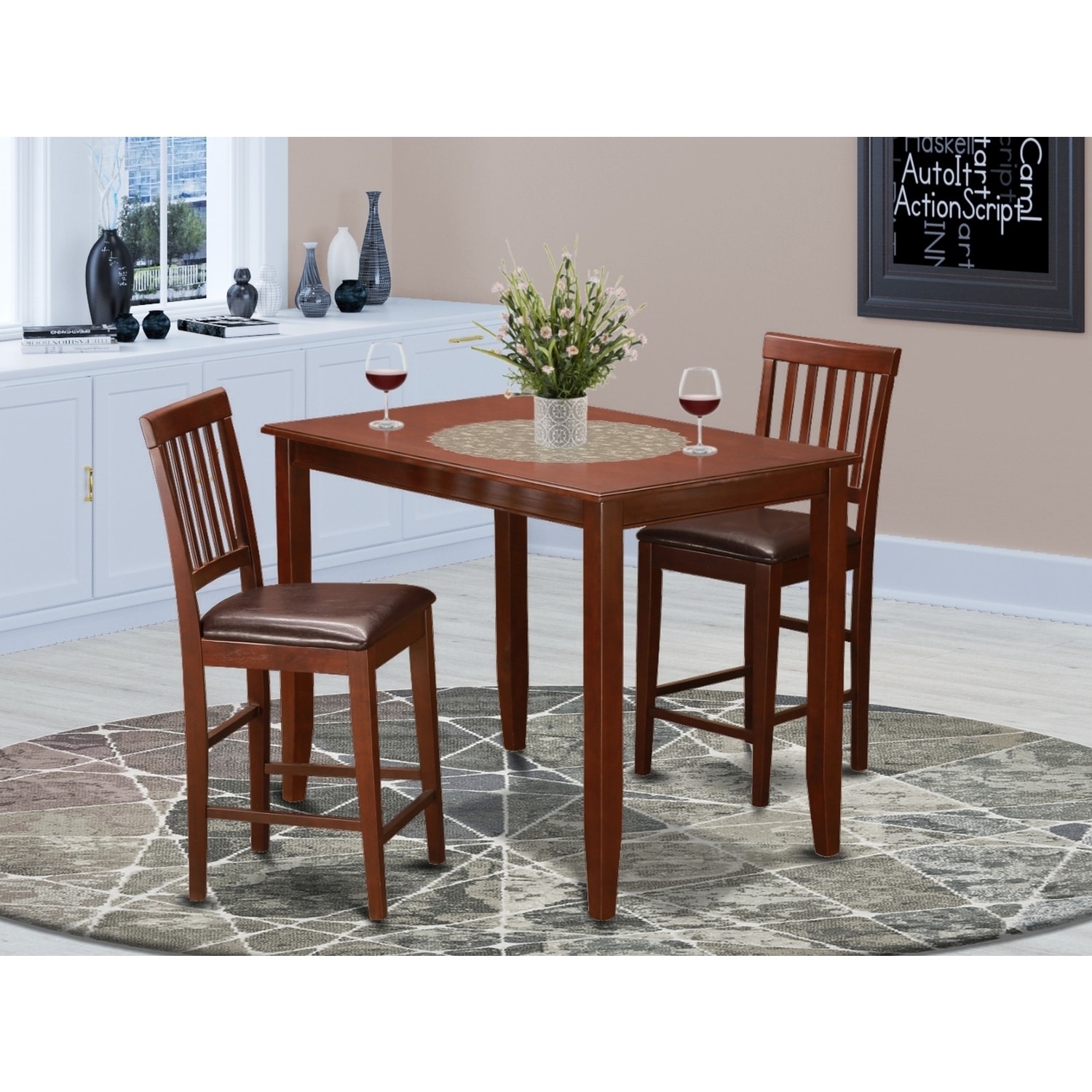 Counter Height Table Set - Rustic Dining Table & Stools - Mahogany Finish - Modern Kitchen Furniture
