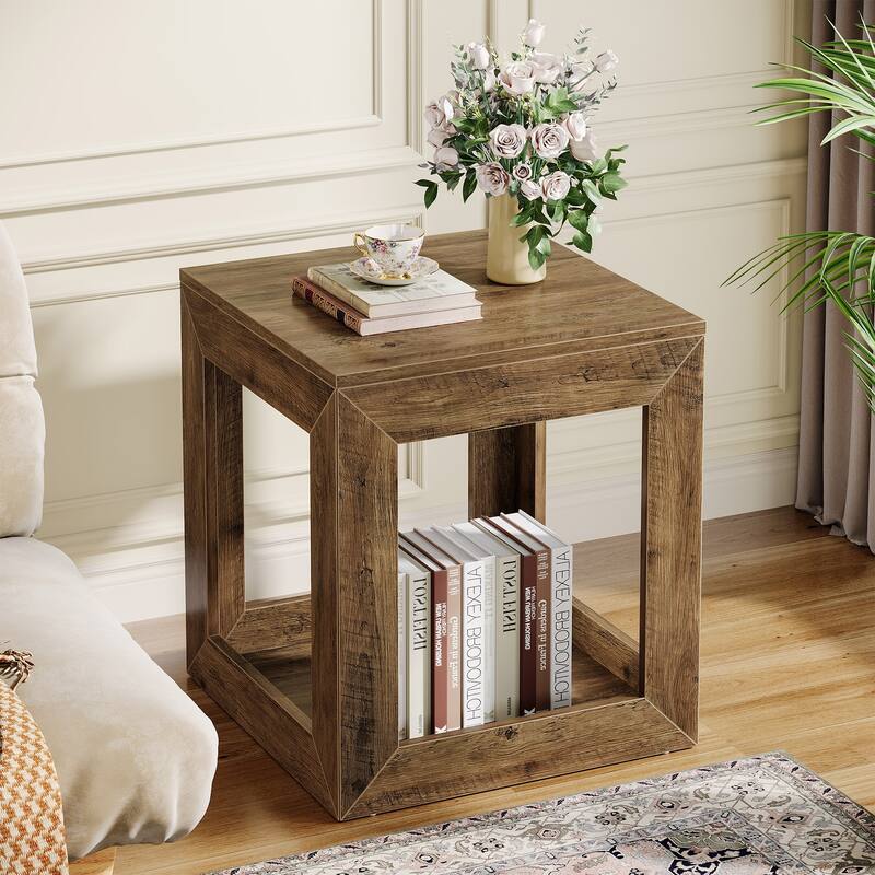 2-Tier Farmhouse End Table with Open Shelf, Wooden Accent Table for Living Room