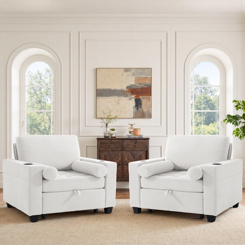 3-in-1 Adjustable Sleeper Sofa Bed Convertible Chair for Living Room - Beige - 2 Set