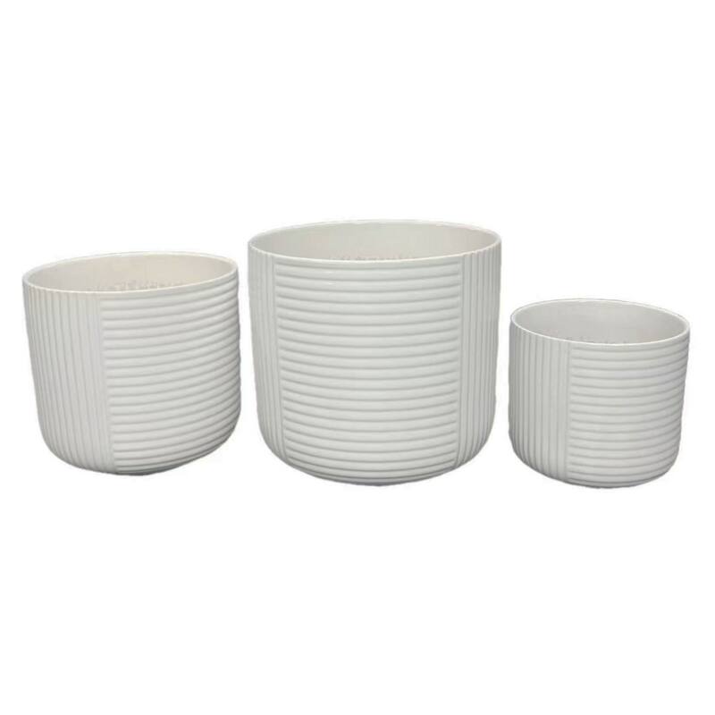 Set of 3 Ceramic Planter, Ribbed, Geometric Design, Matte White Finish