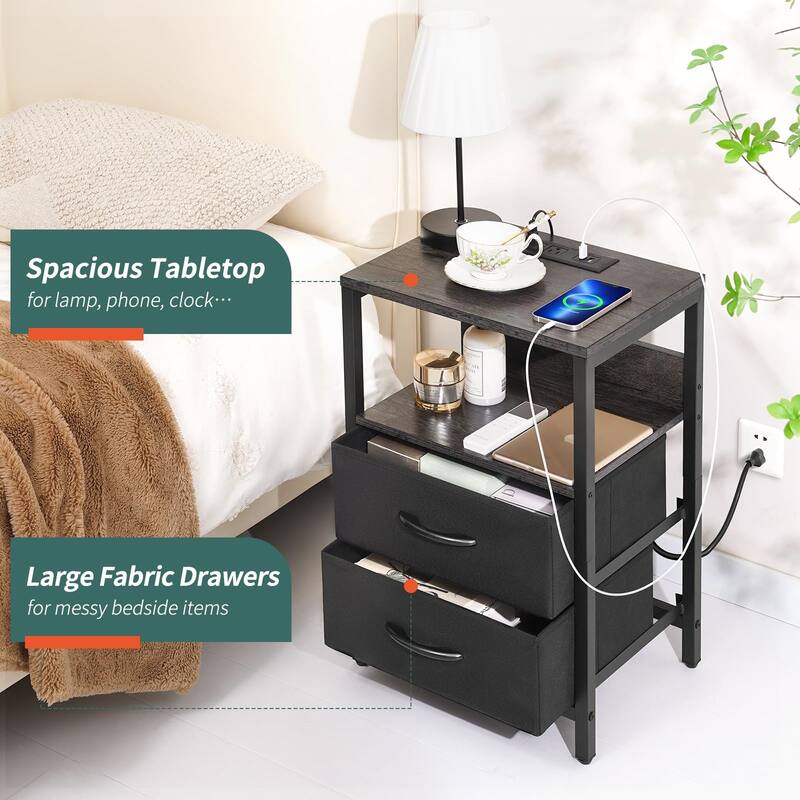 Nightstand with Charging Station,Small Night Stand with Fabric Drawers & Storage Shelf,Small Spaces with USB Ports & Outlets