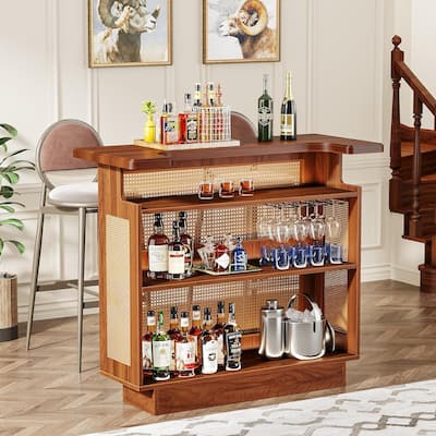 Farmhouse 4-Tier Home Bar Unit, Rattan Bar Table Bar Cabinet for Home Pub