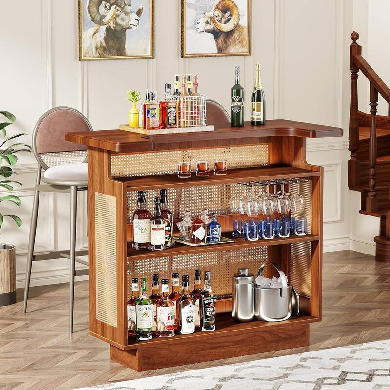Rattan Home Bar Unit, 4 Tiers Bar Table, Farmhouse Wine Bar Cabinet Mini Bar Table