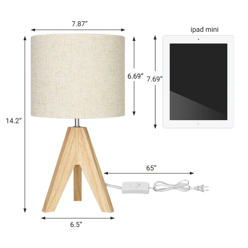 Set of 2 Modern Desk Lamps with Linen Drum Shade and Wooden Tripod Base for Bedroom or Living Room