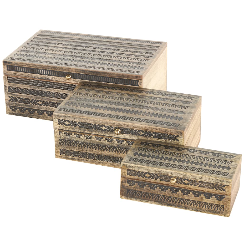 Mango Wood Geometric, Scroll, or Floral Handmade Storage Decorative Box with Gold Accents - Set of 3 Brown - Roche River Decor