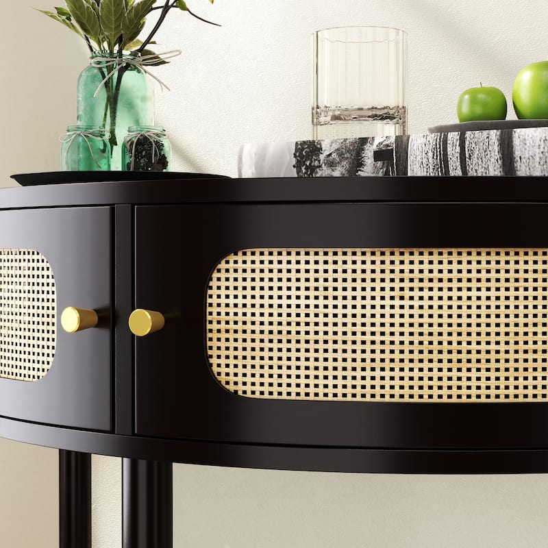 Boho Rattan Semi Circle End Table with Sliding Rattan Door,Elegant Entryway Console with Storage and Bottom Shelf