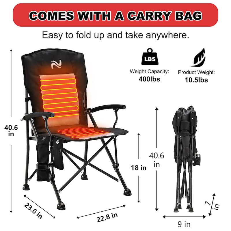 Outdoor Heated Folding Camping Chair 3 Heat Levels Portable Folding