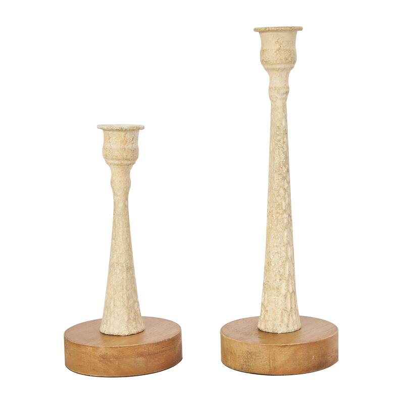 Cream or Light Blue Metal Textured Tapered Candle Holder with Brown Wood Bases (Set of 2)