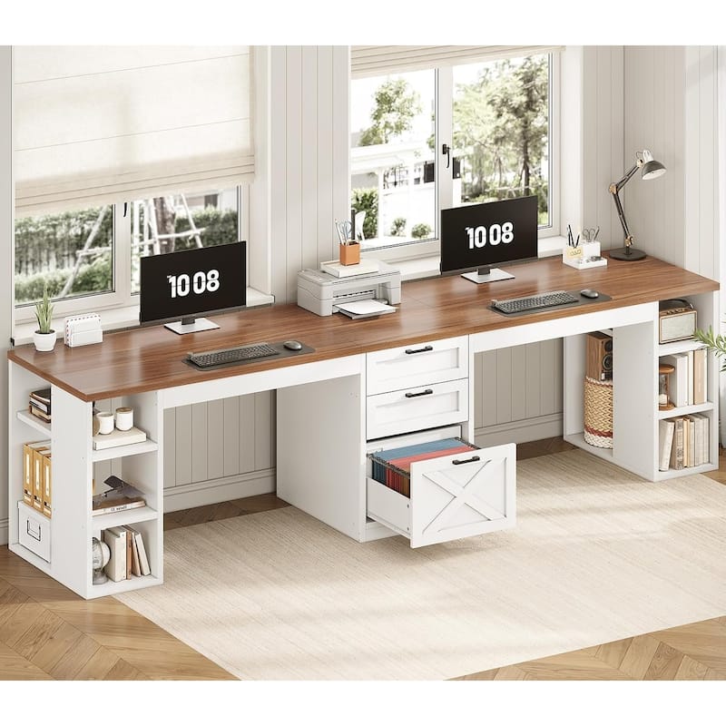 96.5" Computer Desk 3 Drawers Home Office Desk 8 Open Shelves - White and Brown