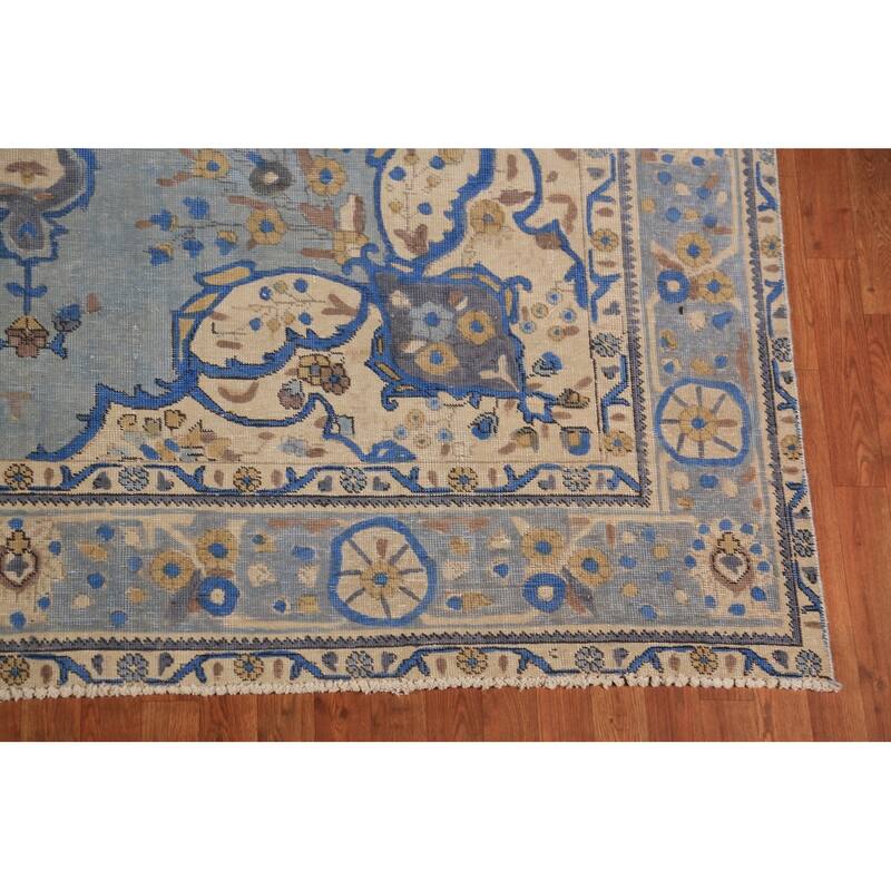 Blue Tabriz Persian Area Rug Oriental Floral Hand-Knotted Wool Carpet - 7'10"x 10'9"