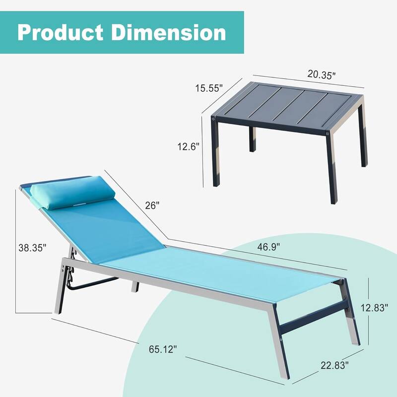 Patio Chaise Lounge Set, 3 Pieces Aluminum Adjustable Pool Lounge Chairs Textilene Sunbathing Recliner With Headrest