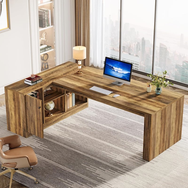 72.8 Inches L-Shaped Desk with Storage Shelves, Farmhouse Wood Computer Desk for Home Office, Rustic Brown