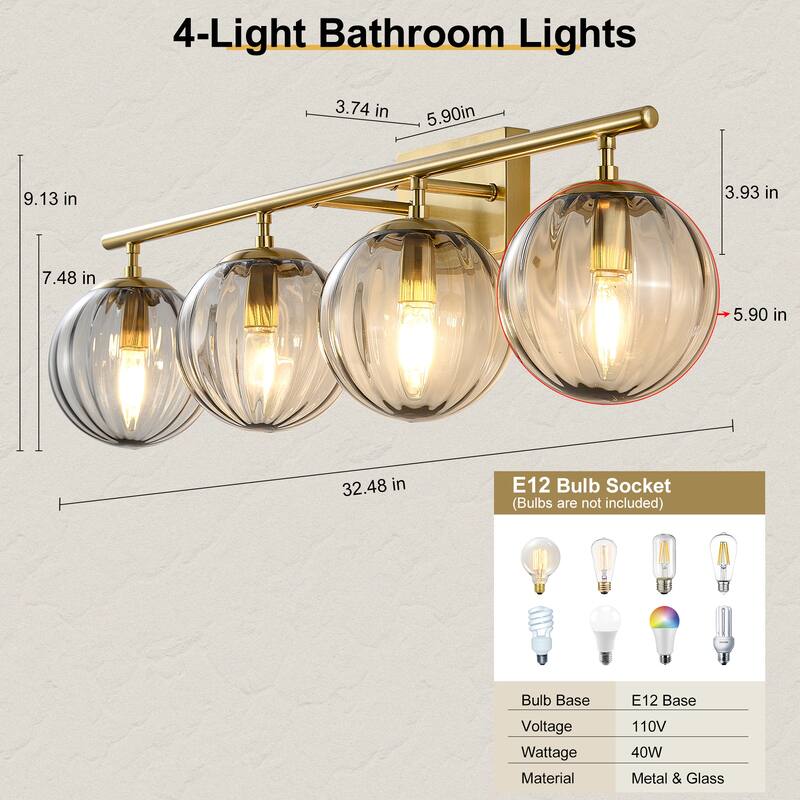 Dimmable Bathroom Vanity Lights with Ribbed Clear Glass Shade Vanity Light Fixture