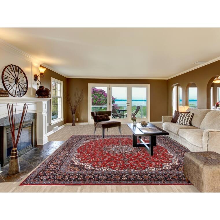 Red Kashan Turkish Rug Floral Oriental Machine-Made Carpet - 9'8" x 12'10"